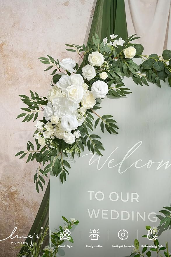 Ling's moment Artificial Wedding Arch Flowers Kit Pack of 4, 2pcs Hanging Silk Flowers Arrangement 2pcs Chiffon Drapes Ceremony Spring Fake Rose Arbor Backdrop White Sage Floral Party Outdoor Decor