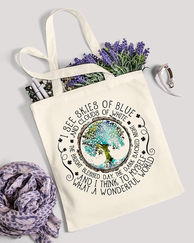AUSVKAI Cute Canvas Tote Bag Aesthetic for Women Grocery Bags Cotton Beach Totes with Gift-Earth Tree