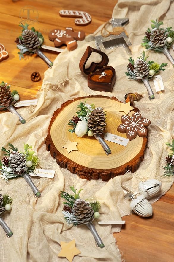 TINGE TIME Boutonniere for Men, Groom and Best Man Boutonniere for Wedding Ceremony Anniversary, Formal Dinner Party and Rustic Xmas Wedding Marriage (Christmas White)