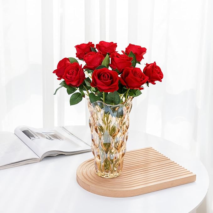 Hawesome 12PCS Artificial Roses Silk Flowers Fake Roses Bouquet Long Stem for Home Wedding Decoration Party (Red)
