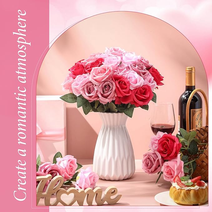 Hotop 40 Pcs Rose Artificial Flowers Bulk with Long Stem,Realistic Silk Fake Roses Bouquet for Home Wedding Centerpieces Party Table Decoration Valentines Gifts(Gradient Pink)