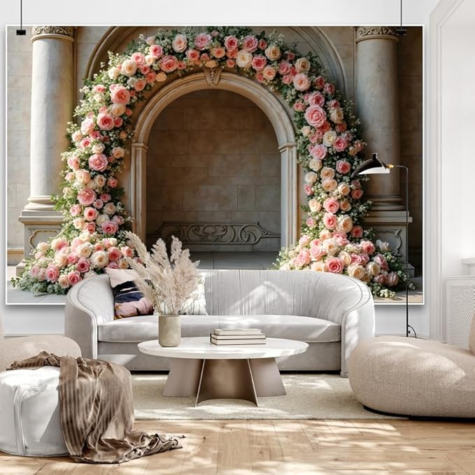 7x5ft Vintage Pink Roses Floral Backdrop Retro Palace Wall Flowers Arch Photography Background for Wedding Mothers Day Valentines Day Bridal Birthday Princess Couples Women Portraits