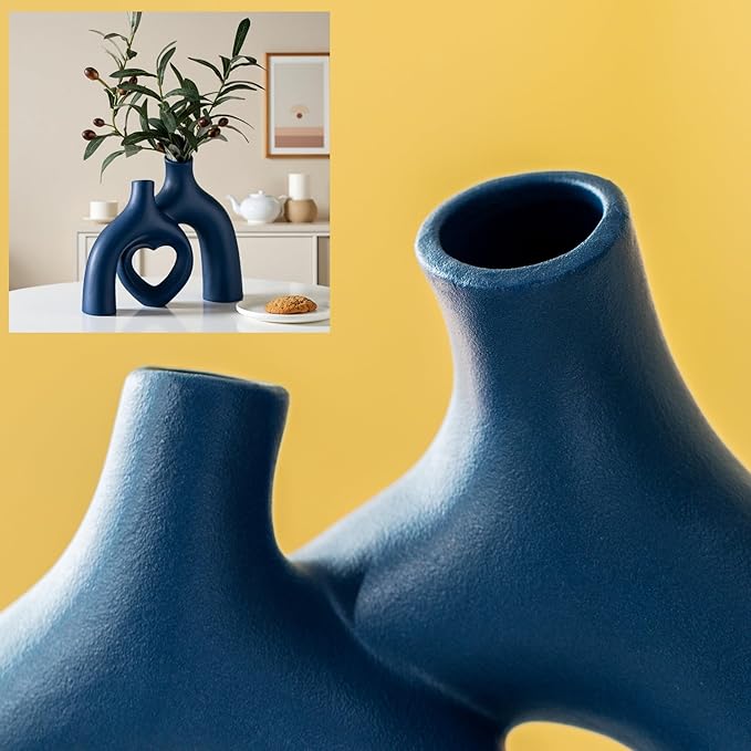Snuggle Hollow Decorative Ceramic Vase, 8.3 Inch Hug Donut Modern Nordic Boho Style Vases for Aesthetic Home Decor, Anthropologie Living Room Shelf Coffee Table Décor (Navy Blue)