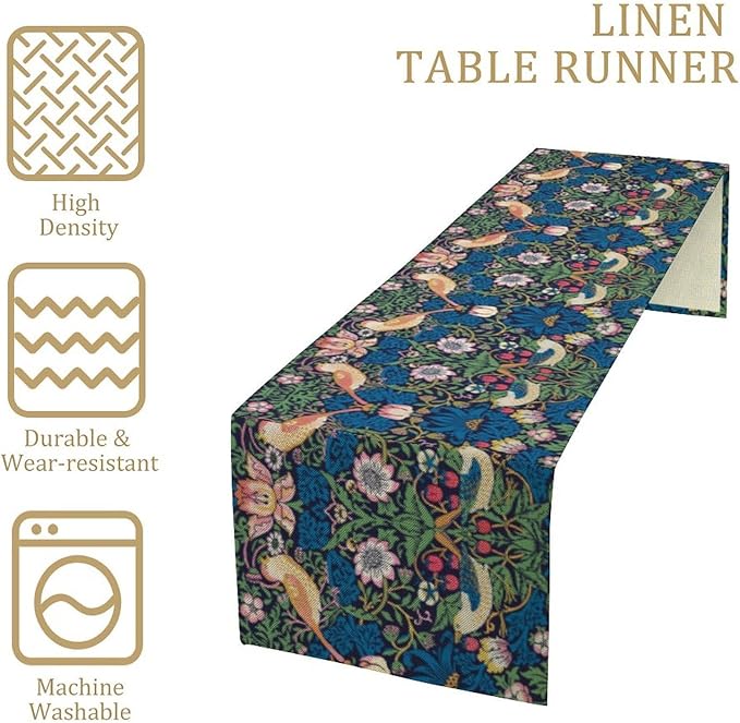 William Morris Floral Table Runner, Vintage Flowers Blue Botanical Printed Table Runner for Home Kitchen Dining Table Decoration,13x36 Inch
