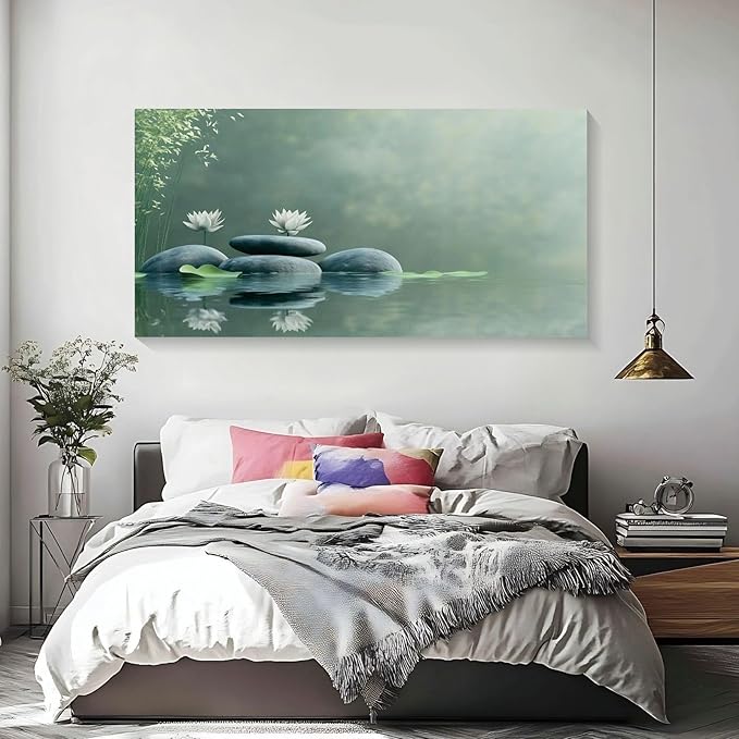 Iallbin Zen Stone Wall Art & Zen Wall Decor, Tranquil misty pond two white lotus flowers -for Yoga Meditation Room, Spa & Bathroom, Green Serenity Art Deco Style, Ready to Hang, 58x29 Inches