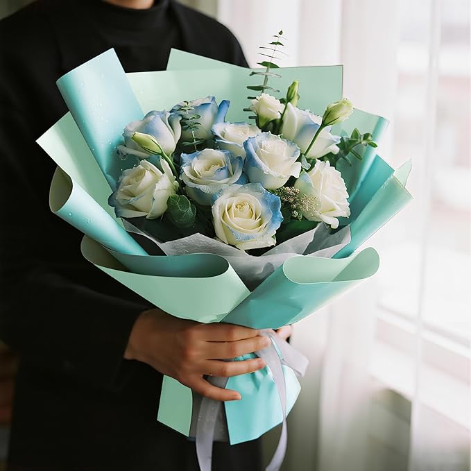 WRAPAHOLIC 20 Sheets Flower Wrapping Paper - 22.4 x 22.4 inch Blue Color Water-Resistant Floral Bouquet Wrapping Paper, Florist Supplies Packaging for Wedding Birthday Gift DIY