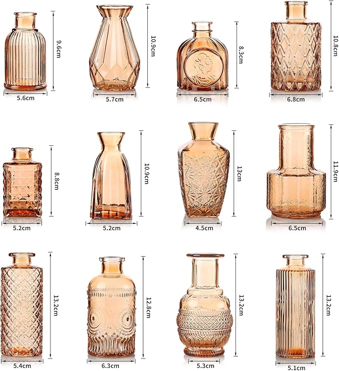 Bud Vases Set of 12, Small Mini Glass Vases for Centerpieces - Elegant Vintage Style - Perfect for Table Decor, Wedding, Party Centerpieces - Great Gift for Home Decor Lovers (Amber)