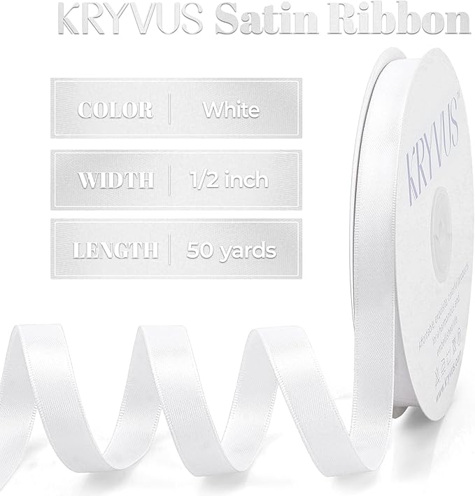 Premium Double Faced Satin Ribbon, 1/2 Inch X 50 Yards, White, Perfect for Gift Wrapping, Crafts, Wedding Decor