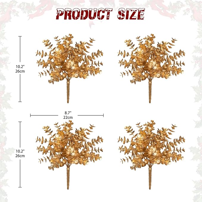 Artificial Gold Eucalyptus Stems 4 Pcs Christmas Fake Fall Flower Arrangement Faux Floral Decor for Home Table Centerpieces Wedding Party Autumn Bouquet Home Farmhouse Vase