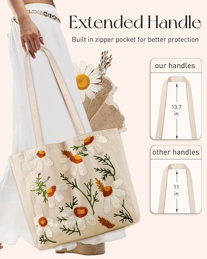 Aesthetic Embroidery Tote Bag for Women - Reusable Canvas Cute Shoulder Bag for Shopping, Grocery, Work, Book