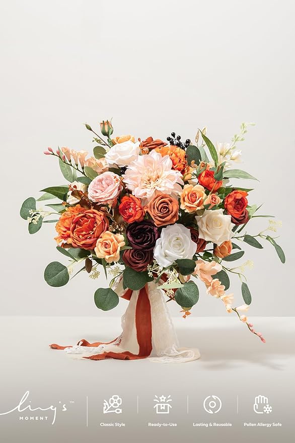 Ling's moment Terracotta Wedding Bouquets for Bride, Burnt Orange Bridal Bouquets for Bride, 15 Inch Free Form Artificial Wedding Flower Bouquet