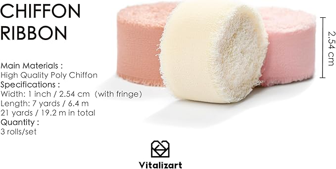 Vitalizart Pink & White Chiffon Silk Ribbon 1" x 21 Yd Fringe Fabric Package (3 Rolls * 7 Yd) for Wedding Invitations Bridal Bouquets Decorations Gifts Wrapping & Bow Making