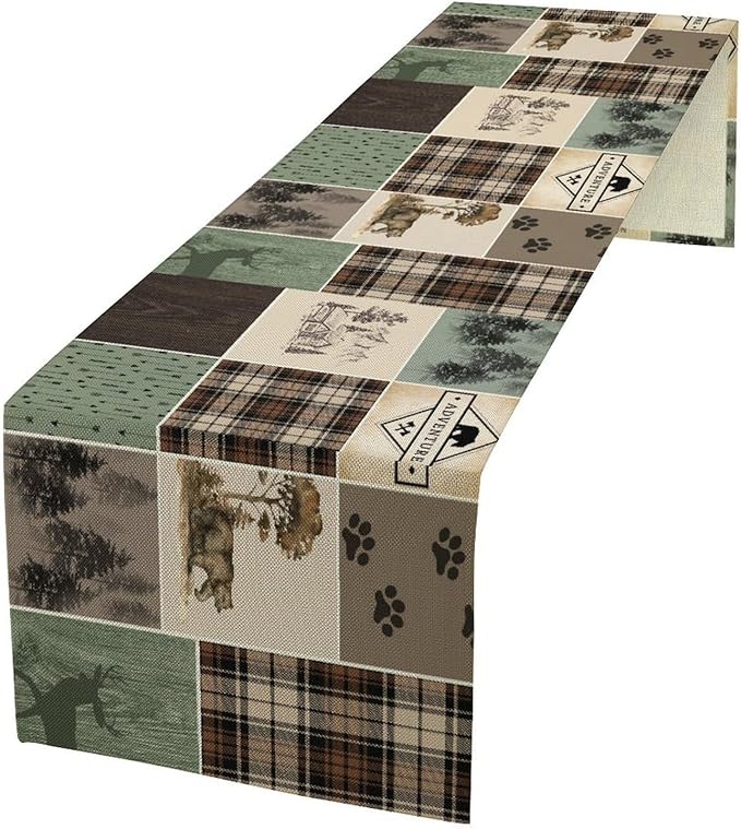 Bear Deer Table Runner,Rustic Lodge Retro Country Farmhouse Buffalo Plaid Print Tablecloth Burlap for Hotel Indoors Outdoor Dining Room Kitchen Home Decor,W13X L60 in