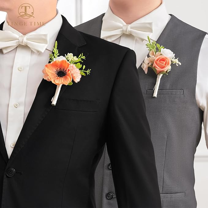 TINGE TIME Boutonniere for Men Wedding,Groom and Best Man Boutonniere for Wedding Ceremony Anniversary, Formal Dinner Party and Rustic Spring Wedding Marriage (10, CoralPink&Champagne)