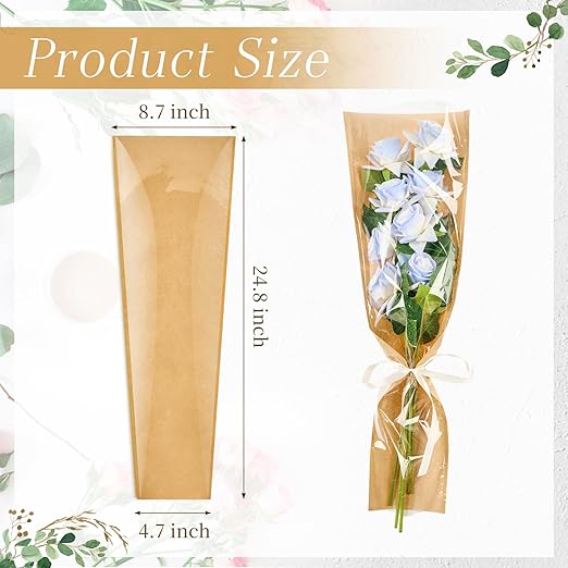 CLUEWR 50 PCS Flower Bags for Bouquets, Floral Wrapping Sleeves with Ribbons Florist Wrap Supplies, 24.8 x 8.7 Inches