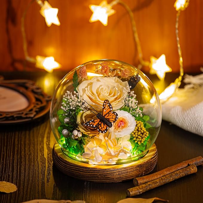 Large Preserved Flowers with Card-Flowers for Delivery Prime,Eternal Rose with Lights,Roses in Glass Dome,Romantic Gift for Her,Decoration, Fresh Rose Flowers for Mom, Birthday, Anniversary(Yellow)