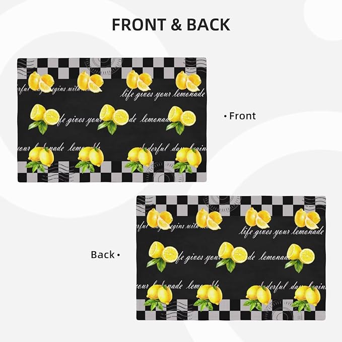 Lemon Kitchen Table Placemats Set of 4 Vintage Black White Checkered Summer Fruit Print Placemat Indoor Outdoor Party Home Desktop Dining Room Decor 12x18 Inch