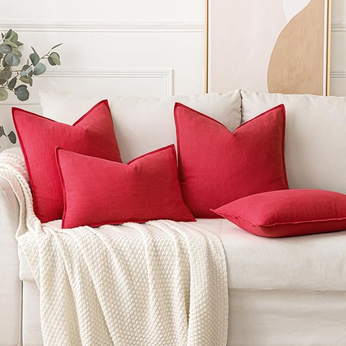 MIULEE Christmas Decorative Linen Pillow Covers 16x16 Inch Red Boho Farmhouse Neutral Couch Throw Pillows for Bed Pack of 2 Accent Modern Pillowcase Sofa Livingroom Home Decor
