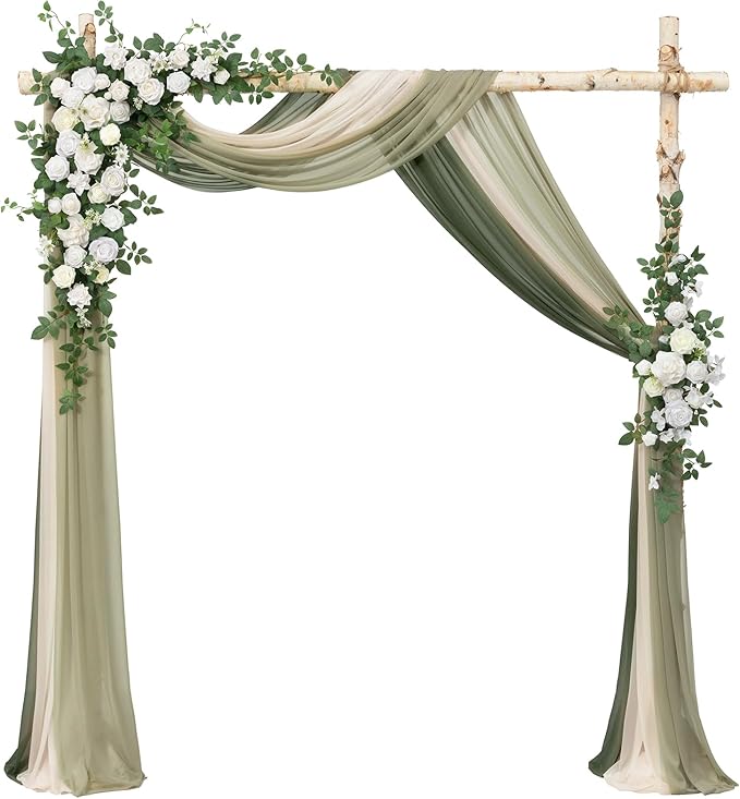 Ling's moment Wedding Arch Flowers with Drapes Kit-Pack of 5, 2pcs Flower Arrangements 3pcs Sheer Hanging Drapes Ceremony Arbor Backdrop Artificial Rose Floral Decor, White & Sage