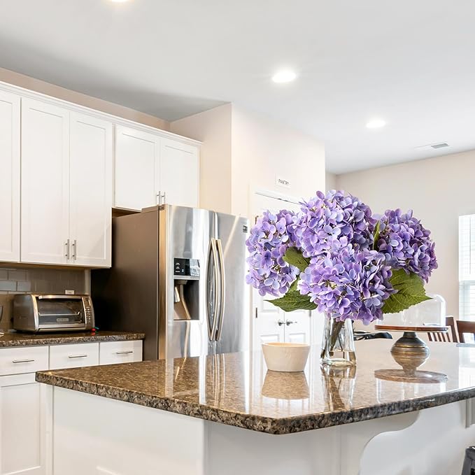 4 Pcs Purple Real Touch Hydrangeas Artifical Flowers 20'' Long Stem Flower for Home Decor Spring Table Centerpiece Party Kitchen Living Room Wedding Decor