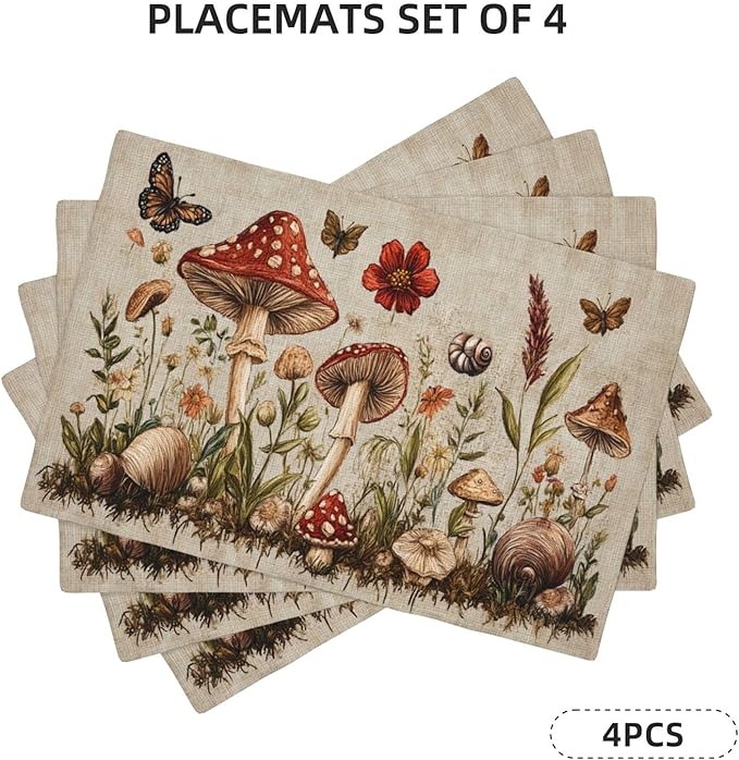 Rustic Mushroom Placemats Set of 4 Washable Table Mats Vintage Botanical Leaf Heat-Resistant Cotton Linen Place Mats for Dining Table Kitchen Indoor Outdoor Party Holiday Decor