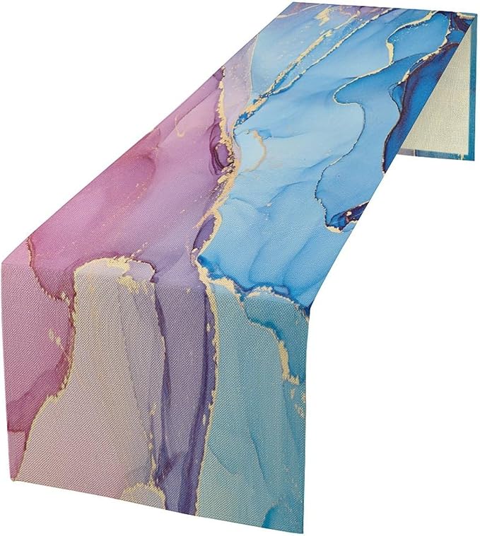 Pink Blue Marble Table Runner Sea Blue Maroon Gold Veins Unique Ombre Abstract Ink Texture Seasonal Dinner Runner Table Decoration for Farmhouse Home Kitchen Dining Holiday Party 13x120in