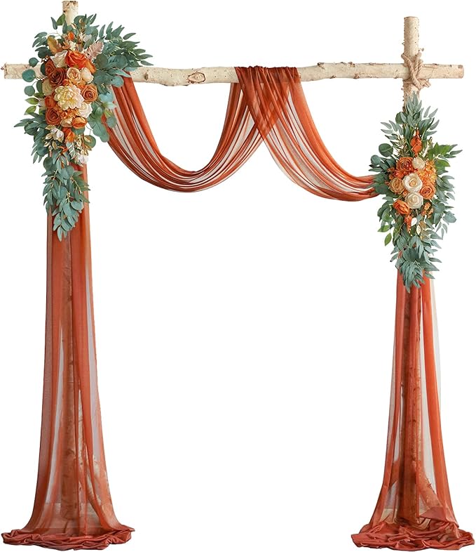 ponatia Artificial Wedding Arch Flowers Kit(Pack of 3) with 26Ft Shiny Wedding Arch Draping Fabric, Arch Flowers for Wedding Ceremony and Reception Backdrop Wedding Decoration (Burnt Orange)