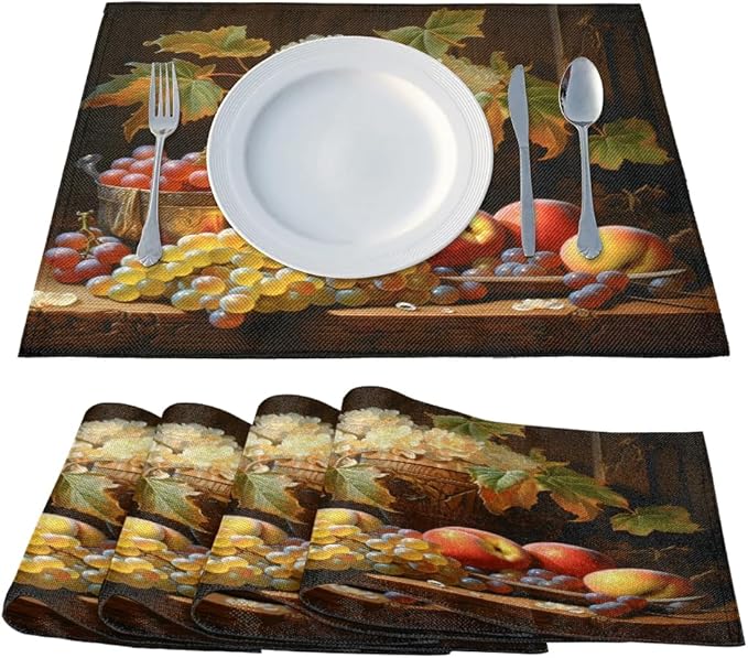 Grape Placemats Set of 6, Washable Linen Place Mats, Floral Vintage Fruit Rustic Table Mats for Kitchen Dining Table Decor Heat Resistant Tablemats 12x18
