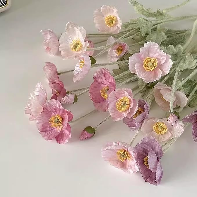 2 Pcs Artificial Fake Flowers Plants Poppies Silk Flower Arrangements Wedding Bouquets Decorations Plastic Floral Table Centerpieces for Home Kitchen Garden Party Decor Approx 23.6" High - Light Pink
