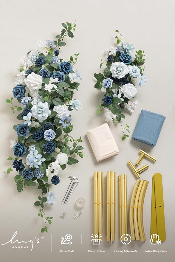 Ling's moment Wedding Arch Backdrop Stand with Flowers - 7.2FT Metal Arch Frame with Drapes for Ceremony Decor - Artificial Floral for Birthday Party, Bridal Shower, Spring Outdoor, Dusty Blue Navy