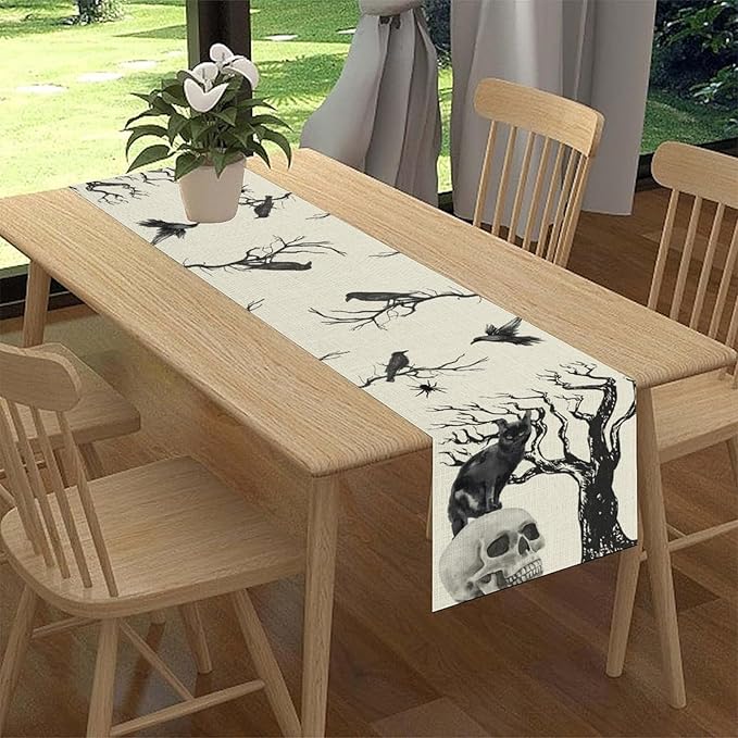 Gothic Table Runner, Black Cat Day of Death Crow Skull Halloween Witchy Retro Coffee Table Center Decor for Home Kitchen Dining Patio Holiday Party Table Decorations 13x108 inches
