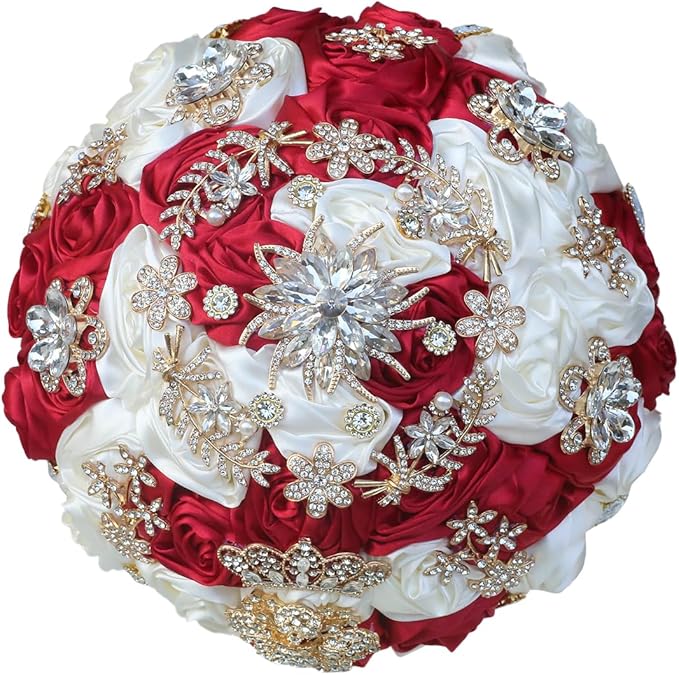 Handmade Satin Rose Floral Bling Pearl Decor Bridal Wedding Bouquet Rhinestone Pendant Artificial Brooch Flowers for Bride Bridesmaid Quinceanera