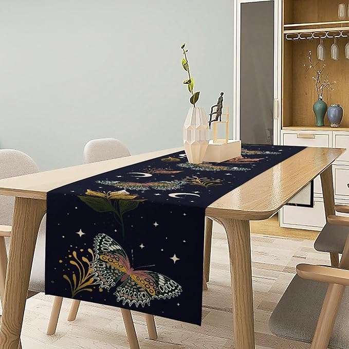 Gothic Moth Table Runner, Boho Gothic Floral Butterfly Sun Moon Mystical Witchy Starlight Coffee Table Center Decor for Home Kitchen Dining Patio Holiday Party Table Decorations 13x36 inches