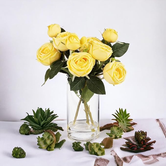 ENOVA FLORAL 9 Heads Silk Rose Artificial Flowers in Vase,Faux Rose Flowers Arrangement in Vase with Faux Water for Table Decor Centerpieces (Yellow)