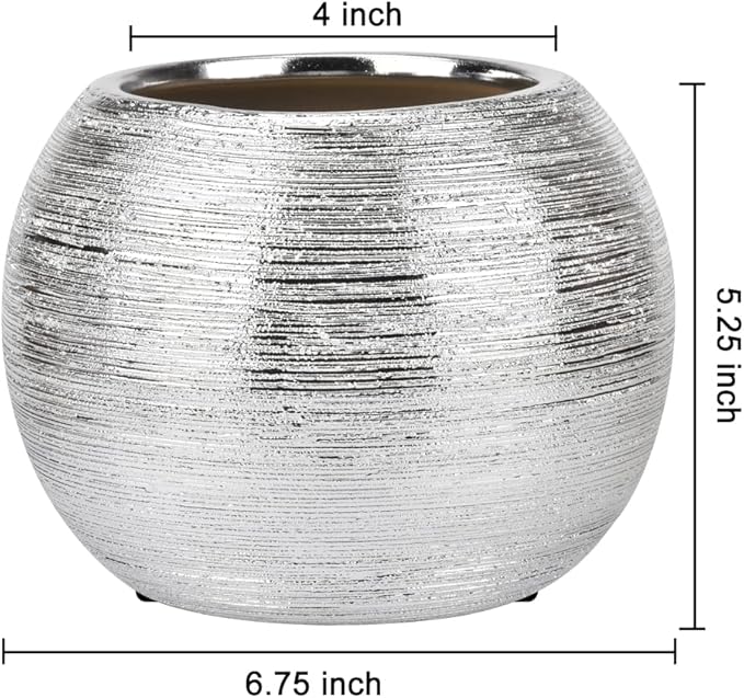 Silver Round Metallic Ceramic Planter Vase Indoor Decorative Centerpieces Flower Pot Sphere Plant Pot