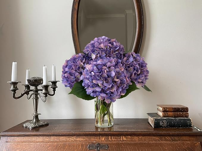 YalzoneMet 4Pcs Purple Silk Hydrangea Artificial Flower Lifelike Big Blooms 20'' Long Stem Faux Hydrangea Flower Bouquets for Home Party Indoor Outdoor Wedding Table Centerpiece Decor
