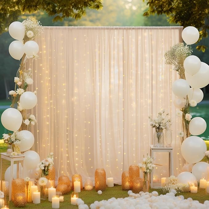 10x10ft Champagne Tulle Backdrop Curtain with Lights String for Parites, Sheer Backdrop Curtains for Wedding Baby Shower Birthday Party Photo Shoot Decorations