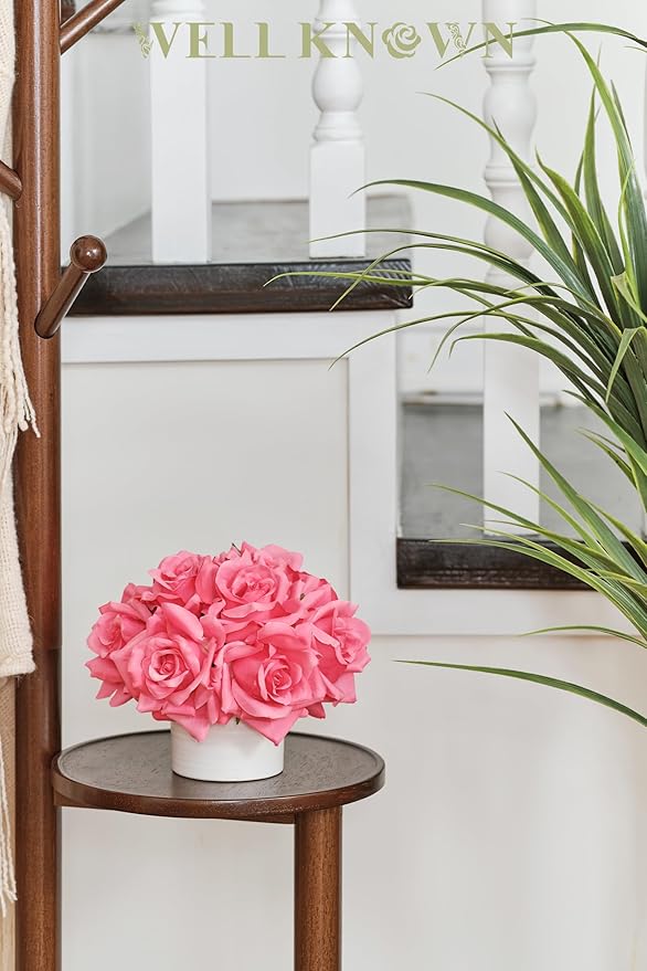 WELL KNOWN Artificial Flowers in Vase, Silk Rose Arrangement Mini Potted Realistic Fake Flowers with Ceramic Vase for Wedding Vanity Home Centerpiece Coffee Table Bathroom Anniversary Decor (Hot pink)