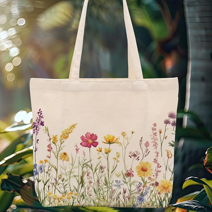 Aesthetic Floral Canvas Tote Bag for Women with Pocket, Tote Bags for Grocery Shopping Travel Christmas Birthday