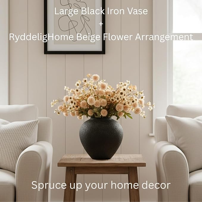 Beige Silk Flower Arrangements For Home Decor, Large Floral Centerpieces For Tables, Fake Mums + Eucalyptus + Wild Flowers in Bulk, Long Stem Artificial Flowers Coffee Dining Table, Faux Mums Flowers