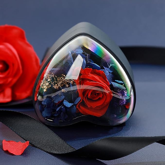 Preserved Flower Rose Pendant Box, Heart Shape Velvet Jewelry Box for Valentine's Day Mother's Day Wedding Anniversary Birthday Gift, Dark Blue