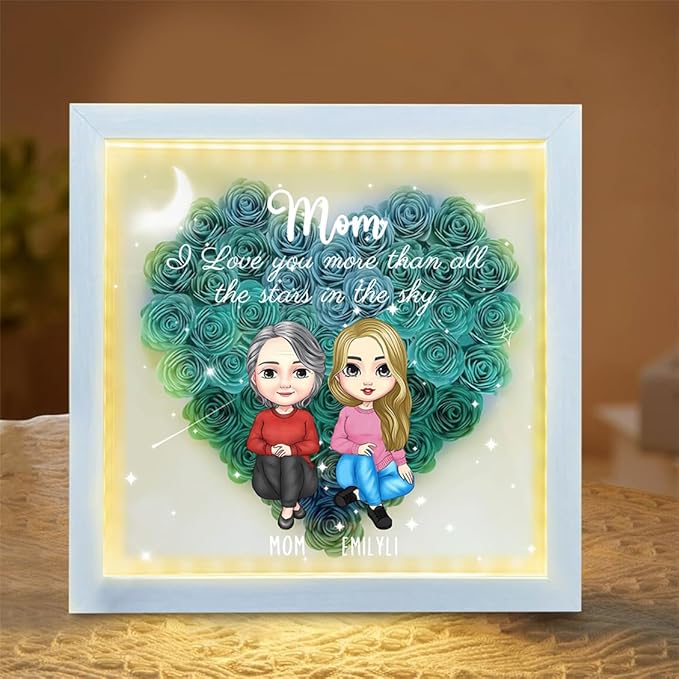 Personalized Mom Flower Shadow Box with LED Light Custom Heart Shaped Rose Flower Shadow Box Frame I Love You More Than All The Stars in The Sky Mother's Day Portrait Shadowbox Memory Gifts for Mom