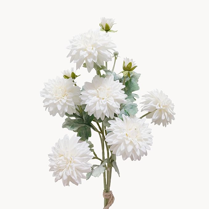 Dahlia Artificial Flowers, 23 inch White Silk Flowers with 6 Heads, Realistic Faux Floral Stems for Wedding Centerpieces and Home Decor