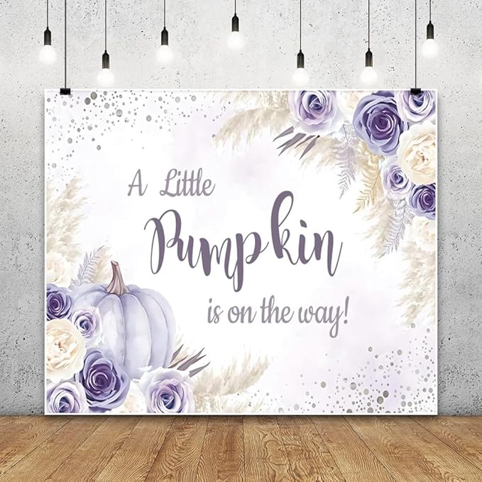 Little Pumpkin Baby Shower Backdrops 10x8ft, A Sweet Little Pumpkin is On The Way Purple Floral Photography Background, Baby Shower Baby Birthday Backdrop Decoration Banner