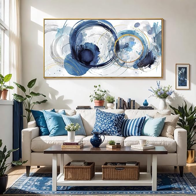 Wall Art Abstract Art Paintings Blue Fantasy Colorful Graffiti on White Background Modern Artwork wall Decor for Living Room Bedroom Kitchen 24"x48" with Framed