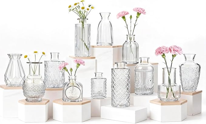 Bud Vases Set of 12, Small Mini Glass Vases for Centerpieces - Elegant Vintage Style - Perfect for Table Decor, Wedding, Party Centerpieces - Great Gift for Home Decor Lovers (Clear)