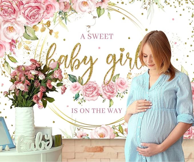 Sensfun Pink Floral Baby Girl Backdrop for Baby Shower Party Decorations Glitter Gold Watercolor Flower It's a Sweet Baby Girls Baby Shower Banner Photography Background Photo Booth Shoot Props 8x6ft