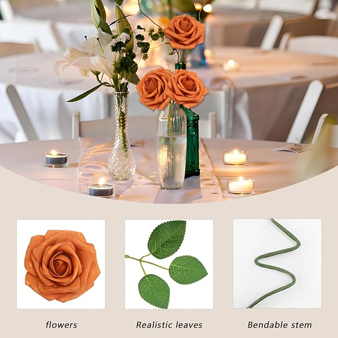 200PCS Artificial Flowers Burnt Orange Roses Real Looking Foam Fake Roses with Leaves and for DIY Wedding Bouquets Bridal Shower Centerpieces Party Decorations (Burnt Orange, 200)