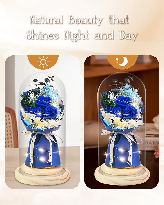 HVY Preserved Real Flowers Bouquet Gifts for Her,Forever Flowers Gift for Women,Preserved Blue Rose in Glass Dome with LED Light Ideal for Christmas,Birthday,Anniversary,Valentine's Day, Mother's Day