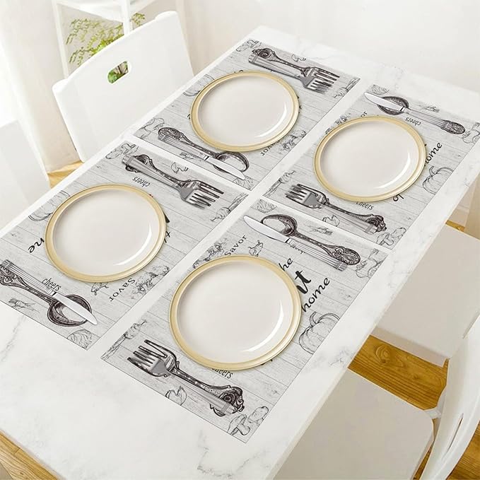 Vegetable Placemats Vintage Rustic Wooden Plank Kitchen Utensils Cutlery Tomato Pumpkin Mushroom Carrot Placemats Table Kitchen Dining Party 12x18 Inch Set of 6
